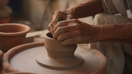 Fototapeta na wymiar Making pottery in a potter's traditional wheel. Generative AI