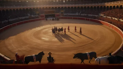 Afwasbaar fotobehang Men participating in a traditional bullfight in a stadium in Spain. Generative AI © Mockup Station