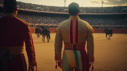 Schilderijen op glas Men participating in a traditional bullfight in a stadium in Spain. Generative AI © Mockup Station