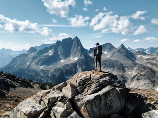 A hiker standing on a rocky outcrop, gazing out at a breathtaking mountain view- generative AI