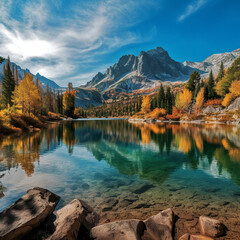 Autumn Reflections: Snowy Mountains and Majestic Trees Mirrored in a Serene Lake - generative AI