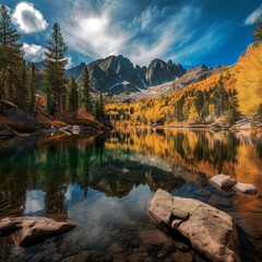 Fototapeta na wymiar Autumn Reflections: Snowy Mountains and Majestic Trees Mirrored in a Serene Lake - generative AI