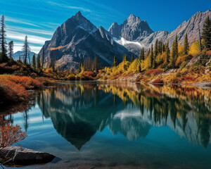 Obraz premium Autumn Reflections: Snowy Mountains and Majestic Trees Mirrored in a Serene Lake - generative AI