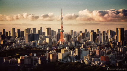 Tokyo Skyline at Sunset with Tokyo Tower - generative AI