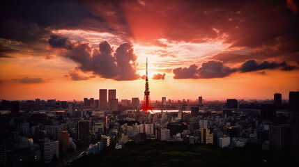 Naklejka premium Tokyo Skyline at Sunset with Tokyo Tower - generative AI