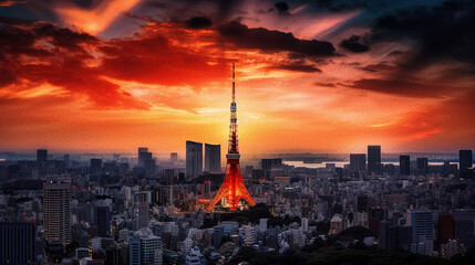Obraz premium Tokyo Skyline at Sunset with Tokyo Tower - generative AI