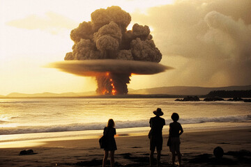 vintage photo of tourists watching nuclear explosion at sea from beach - generative AI