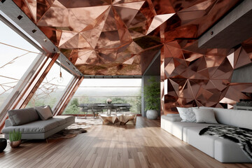 Loft interior design of modern living room with abstract geometrical copper ceiling. Created with generative AI