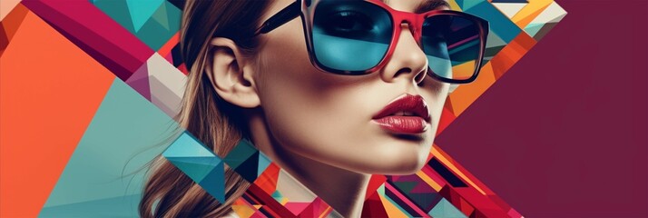 Fototapeta na wymiar colorful magazine collage with a model in sunglasses on a bright multicolored geometric background. Generative AI