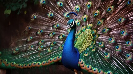 Obraz premium Regal peacock showing off its feathers. Generative AI