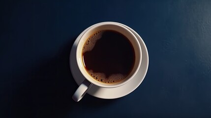 A white cup of coffee on a saucer with a blue background. Generative AI