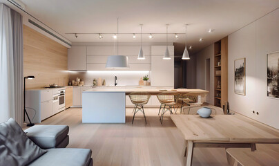 Scandinavian interior design of kitchen with island, dining table and chairs. Created with generative AI