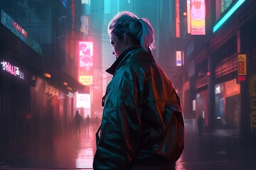 Concept art illustration of woman in a cyberpunk city at night