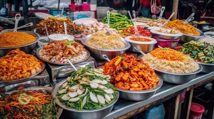 Zelfklevend Fotobehang Traditional Thai food is sold in the Bangkok market. Generative AI © Mockup Station