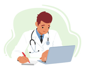 Young Male Doctor Character With Laptop At Desk, Utilizing Modern Technology For Patient Care. Professional, Efficient