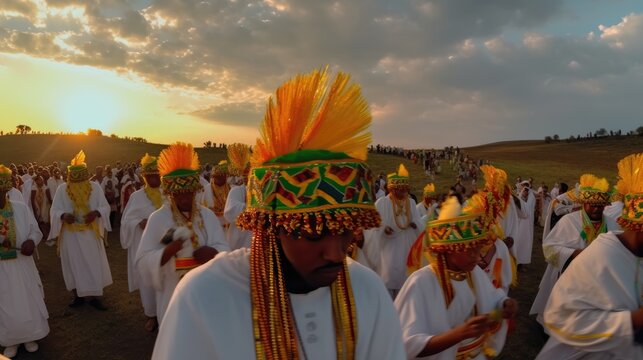 Men celebrate the Ethiopian Enkutatash celebrations during sunset. Generative AI