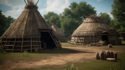 Traditional Native American architecture hut houses, called tipis. Generative AI