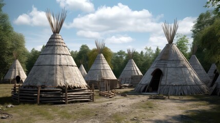 Traditional Native American architecture, long houses hogans. Generative AI - obrazy, fototapety, plakaty