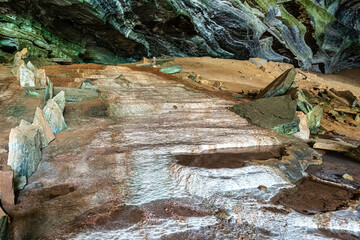 Limestone cave of stalactite and stalagmite formations, Gruta da Lapa Doce Cave, Chapada Diamantina in Bahia, Brazil.