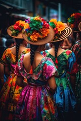 Women wore brightly colored dresses and headdresses during the Feria de las Flores in Colombia. Generative AI