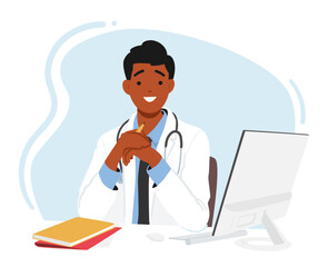 Young Doctor Male Character Sitting At Desk With Laptop Displaying Smile Indicating Satisfaction Or Pride In Work