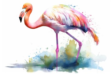 beautiful pink flamingo portrayed in a watercolor painting. Generative AI