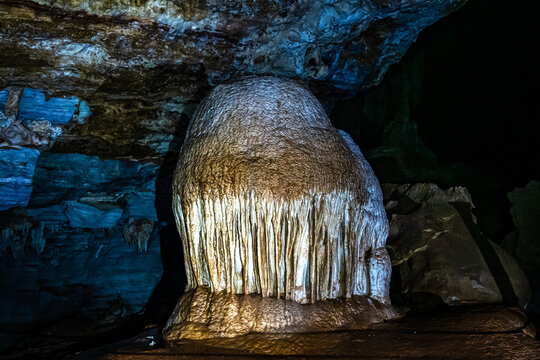 Limestone cave of stalactite and stalagmite formations, Gruta da Lapa Doce Cave, Chapada Diamantina in Bahia, Brazil.