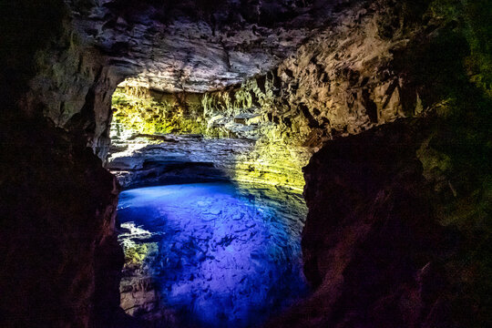 The blue water of Poco Encantado or Enchanted Well, in a cave at Itaete, Chapada Diamantina, Bahia, Brazil