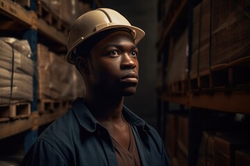 Portrait of an African American man wearing a protective helmet in a warehouse at his workplace . Generative AI