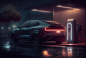 Gordijnen Modern car at standalone electric vehicle charging station. Generative AI © keks20034