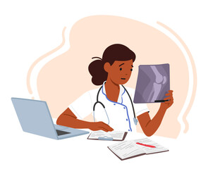 Fototapeta na wymiar Young Female Doctor Character Sitting At Desk With Laptop, Working On Patient X-ray Image, Utilizing Technology