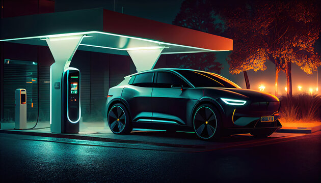 Modern car at standalone electric vehicle charging station. Generative AI