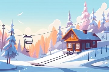 cozy winter cabin nestled on a snow-covered hill with a ski lift in the distance. Generative AI
