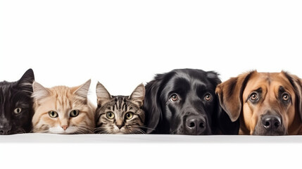 Dogs and cats peeking over web banner isolated white background. Al generated
