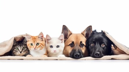 Fototapeta na wymiar Dogs and cats peeking over web banner isolated white background. Al generated