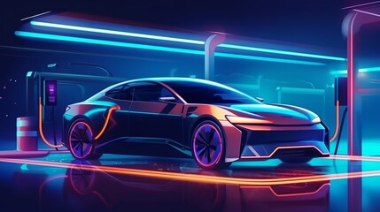 Electric car charging on the station illustration. Green neon glowing. AI generated