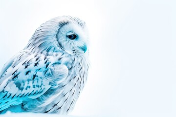 majestic white and blue owl perched on a wooden table. Generative AI