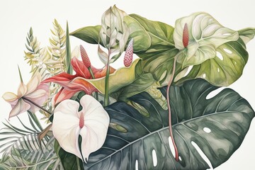 Watercolor tropical plant collection featuring monstera, hibiscus, calla lily and strelizia on white. Detailed botanical illustration. Generative AI - obrazy, fototapety, plakaty