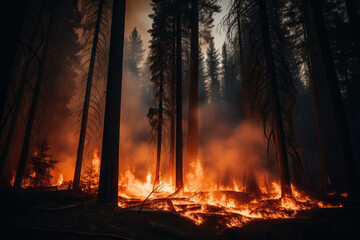 A dramatic and intense shot of a wildfire raging through a forest with tall trees and flames lighting up the darkness. typical fire in USA. made with ai