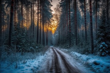winter forest landscape with a dirt road running through it. Generative AI