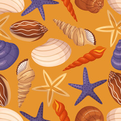 Seamless Pattern With Seashells And Starfishes In Vibrant Colors, Creating Playful And Charming Marine-themed Design