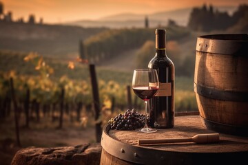 Red wine bottle, wine glass and wodden barrel. Beautiful Italy Tuscany vineyard background. AI generative