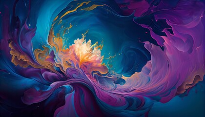 Ethereal Cosmic Nebula Abstract Background, Fluid Intertwining Colors, Blue, Purple, Magenta Hues, Golden Halo, Soothing Teal, Depth & Movement, Toon Shading, Flat Colors, High-Res 8K. Generative AI