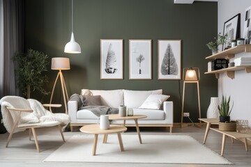 Fototapeta na wymiar 3D rendering of a modern living room, furnished in Scandinavian style. The room features clean lines, minimalistic design, and a neutral color palette. Generative Ai