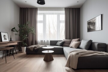 3D rendering of a modern living room, furnished in Scandinavian style. The room features clean lines, minimalistic design, and a neutral color palette. Generative Ai