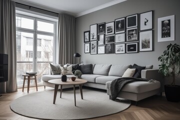 Fototapeta premium 3D rendering of a modern living room, furnished in Scandinavian style. The room features clean lines, minimalistic design, and a neutral color palette. Generative Ai