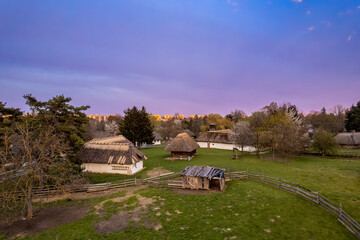Straw roofed adobe houses in a Hungarian countryside farm