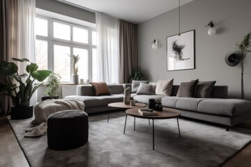 3D rendering of a modern living room, furnished in Scandinavian style. The room features clean lines, minimalistic design, and a neutral color palette. Generative Ai