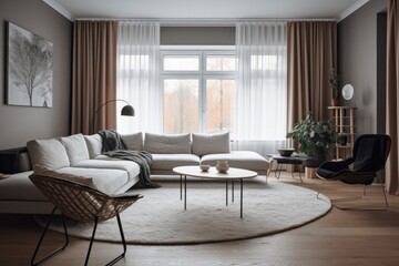 3D rendering of a modern living room, furnished in Scandinavian style. The room features clean lines, minimalistic design, and a neutral color palette. Generative Ai