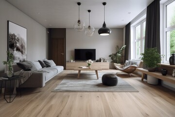 3D rendering of a modern living room, furnished in Scandinavian style. The room features clean lines, minimalistic design, and a neutral color palette. Generative Ai